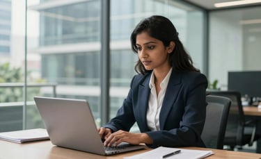 A professional South Asian female consultant in business attire, working on a laptop in a bright, modern glass-walled office in Bangalore. Natural daylight fills the scene, highlighting a clean and efficient workspace.