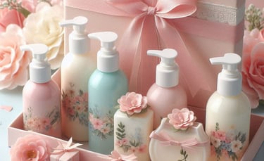 a box of soaps and lotions with flowers