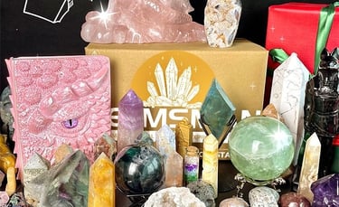A diverse crystal healing set featuring quartz towers, amethyst clusters, and a rose quartz mermaid.
