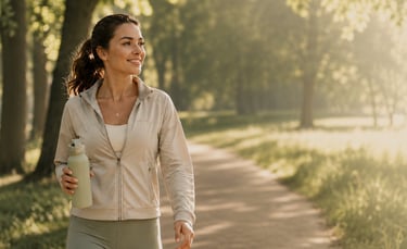 Woman enjoying a peaceful walk outdoors to reduce stress and support memory and brain health.