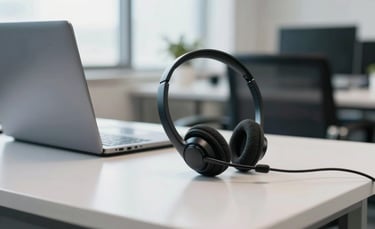 A professional South American office environment with a focus on a modern workstation. A sleek black headset sits next to a laptop on a clean white desk. The lighting is bright and natural, reflecting a clean and modern professional atmosphere. Colors involve accents of blue and white.