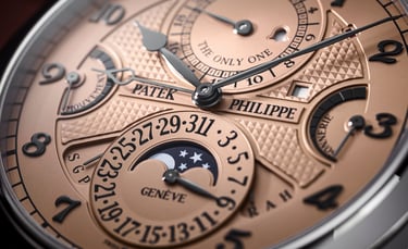 Close-up of Patek Philippe Grandmaster Chime dial showcasing intricate complications.