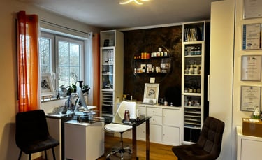 a desk with a chair and a desk with a glass top