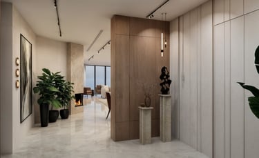Luxury apartment entrance corridor with wood paneling and marble flooring designed by Moori Interior