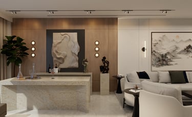 Luxury apartment living room with marble wall, interior design Dubai