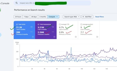Google Search Console performance dashboard showing search result clicks and impressions data charts.
