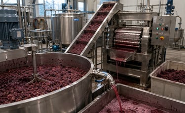 Industrial fruit mash pressing line for juice extraction and pomace recovery.