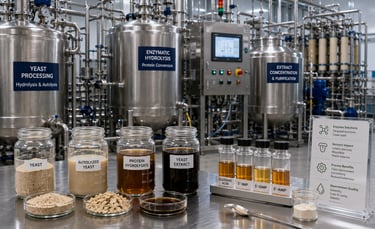 Savory ingredient development line with yeast processing, protein hydrolysis, and extract purification.