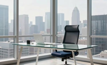 A bright, modern corner office in a North American skyscraper with a minimalist glass desk, high-end ergonomic chair, and floor-to-ceiling windows showing a blurred city skyline. Soft morning sunlight, professional atmosphere, neutral white and navy blue accents.