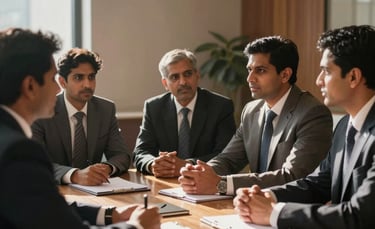 A group of South Asian business professionals in formal attire engaged in a serious but collaborative discussion in a sunlit, high-end boardroom with warm wood accents.