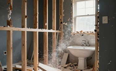 A focused action shot of a professional bathroom demolition in a Los Angeles California home. Debris is being cleared from a stripped-down room showing exposed wall studs and old plumbing. The lighting is bright and industrial, emphasizing a powerful renovation beginning. Construction blue and dark gray tones are visible in the background.