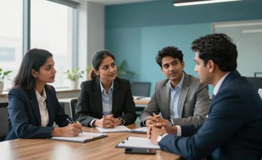 A professional business meeting in a modern Raipur office, featuring South Asian professionals in formal attire discussing recruitment strategies, soft morning light, dark teal and light blue accents in the decor.