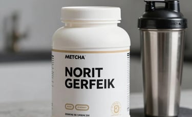 A professional studio shot of a clean white protein powder tub and a stainless steel shaker bottle on a slate gray surface. Bright, clinical lighting emphasizing a professional health supplement brand in a modern North American setting.