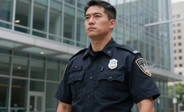 A professional security guard standing alert in front of a modern glass office building in a North American US city. The guard wears a crisp, dark navy uniform with a visible identification badge. The lighting is soft and natural, conveying a clean and reliable atmosphere.