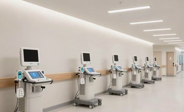 A wide-angle interior shot of a clean, modern North American hospital corridor featuring sleek digital health monitoring stations and recessed white lighting, conveying precision.