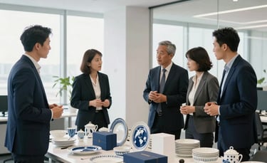 A wide shot of a bright, modern corporate office where business professionals are discussing product samples like fine crockery and gift items. Soft natural light, navy blue and white aesthetic, International / Global Business setting.