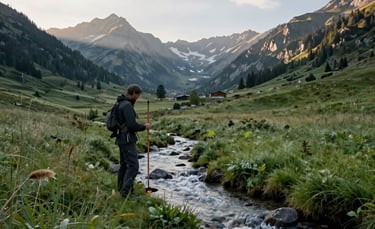 A wide-angle landscape shot of the French Alps at dawn. A professional technician is standing in a lush green meadow near a clear mountain stream, holding dowsing rods. The lighting is natural and soft, highlighting the morning dew. Professional photography style in a European setting.