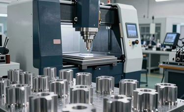 A wide shot of a modern, clean Brazilian industrial machining workshop. High-tech CNC milling machines are visible in the background, while precisely finished metal components are neatly organized in the foreground. The lighting is professional and crisp, highlighting textures of steel grey and dark blue. The environment is organized and reflects advanced technology.