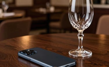 A sophisticated close-up of a modern smartphone and a crystal wine glass on a dark mahogany table, warm ambient lighting, South American Brazilian luxury interior, professional and welcoming atmosphere, using dark brown and tan tones.