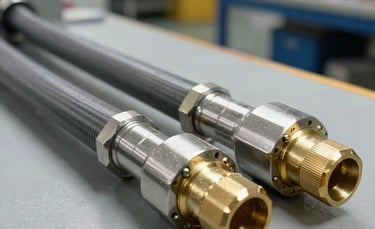 Close-up photography of a reinforced industrial hydraulic hose assembly with stainless steel and brass gold fittings on a clean workstation floor in a Jerusalem industrial park, Middle Eastern / Israeli workshop setting, bright natural lighting, professional finish.