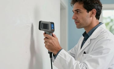 A professional environmental specialist in North American / US (Florida) attire wearing a white lab coat and using a thermal imaging camera to inspect a residential wall for hidden moisture. The lighting is bright and clean, with soft blue and white accents in the room.