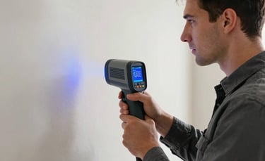 A professional mold inspector in a North American / US / Florida home using a thermal imaging camera to detect hidden moisture behind a wall. Clean, efficient lighting with steel blue and dark gray highlights on high-tech diagnostic equipment.