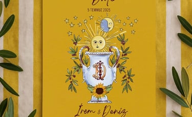 Yellow celestial save the date card with sun and moon illustrations on a striped background.