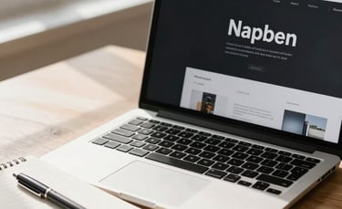 A close-up photograph of a clean, modern workspace in bright natural daylight. A laptop screen displays a minimalist, high-contrast user interface design with sharp typography. A physical notebook and a pen sit next to the screen on a light wooden desk, soft shadows.