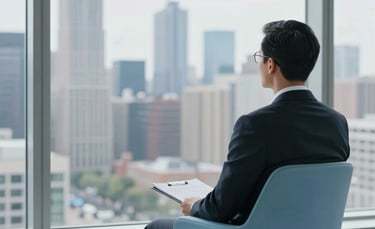 A clean, minimalist photograph of a person in professional attire sitting in a light blue chair, looking out a large window onto a North American urban skyline, symbolizing vision and career outlook.