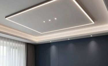 Professional photography of a modern Turkish living room interior showing a newly installed suspended ceiling with sophisticated LED lighting, clean lines, soft gray and charcoal blue color palette, Middle Eastern architectural details.