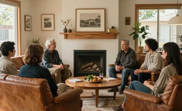 A heart-centered photography of a community education session in a warm mid-century modern living room in Altadena. People are engaged in conversation near a fireplace. The interior features leather textures and light wood, North American / US setting.