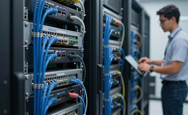 A professional setup of server racks with organized blue and steel blue ethernet cables in a modern data center. Latin American / Spanish IT technicians working in the background. Soft industrial lighting, clean and professional atmosphere.