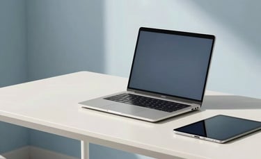A high-end, minimalist North American studio desk featuring a laptop and a tablet. The room is bright with natural sunlight, emphasizing a clean and modern design aesthetic. Soft blue and off-white tones dominate the scene.
