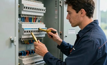 A professional Master Electrician in a clean navy uniform inspecting a modern 200A electrical panel in a high-end North American / Canadian (British Columbia) home. The lighting is bright and professional, highlighting clean wiring and gold-toned precision tools.