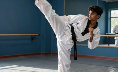 A dynamic action shot of a South Asian / Indian student in a crisp white Taekwondo dobok performing a powerful high side-kick in a modern martial arts studio. The background features dark blue wall accents and premium silver floor mats. Energetic and sporty atmosphere with natural sunlight.