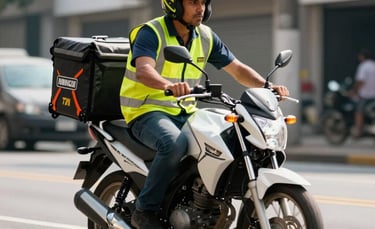 A professional South American delivery rider wearing a reflective safety vest, riding a clean modern motorcycle through a sunny urban Brazilian street, shallow depth of field, sharp focus on the rider, vibrant morning light.