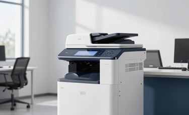A high-end, sleek multifunction printer standing in a bright, minimalist Latin American corporate office. The setting features clean white walls and blue accents, with natural light coming through large windows. Professional atmosphere, sharp focus on the modern technology.