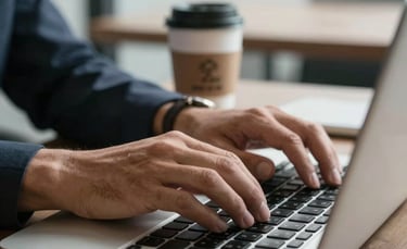 A close-up of hands typing on a modern laptop in a bright office, with a branded coffee mug nearby, professional Latin American setting.
