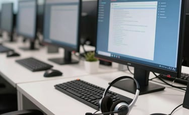 Fotografia profissional de um posto de trabalho moderno de teleatendimento em uma empresa brasileira. Sobre a mesa branca e limpa, há um headset de alta qualidade e um monitor exibindo um sistema de atendimento em tons de azul suave. O ambiente ao fundo é um escritório corporativo South American / Brazilian com iluminação natural suave.