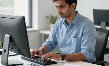 A professional South Asian logistics expert in a modern, clean office setting using a desktop computer to process a shipment. The room is bright with natural light, and the desk features a small digital weighing scale and neatly organized documents in shades of steel blue and white.