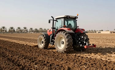 A professional wide-angle landscape photograph of a modern Saudi Arabian farm during the day. A powerful tractor is preparing the soil in a vast field, with some date palm trees visible in the far distance under a clear, bright sky. The composition emphasizes the scale of the agricultural land and the use of modern machinery.
