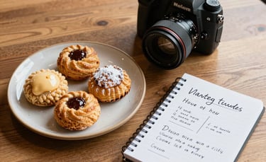 A top-down, professional photograph of a sunlit wooden table in a Western North American cafe. A digital camera is placed next to a ceramic plate of artisanal pastries and a notebook with handwritten marketing strategies. Sophisticated, warm, and clean composition.