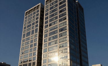Modern office building exterior in Vila Nova, Santos, reflecting the morning sun, South American / Brazilian city architecture, Deep Navy sky.