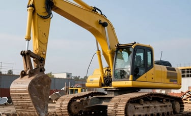 A powerful yellow hydraulic excavator working on a large construction site in Central Europe, deep tracks in the mud, intense industrial atmosphere, clear afternoon light, high contrast photography.