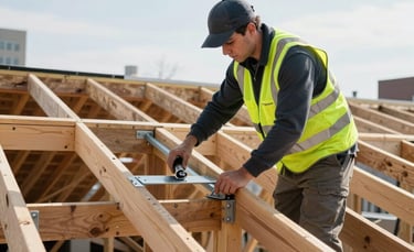 Professional photography of a roofing technician in a high-visibility vest inspecting a structural timber roof frame with steel reinforcements in a North American / US (New York City) attic setting, modern engineering lighting, focus on stability and precision.