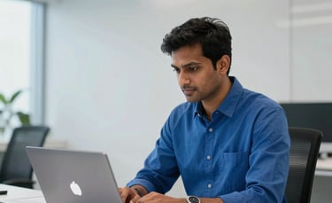 A high-end, minimalist corporate office in India with a professional South Asian consultant managing cloud infrastructure on a sleek laptop. The environment is lit with sophisticated white and electric blue tones, projecting modern technical authority.