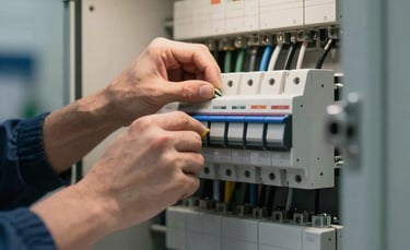 Close-up environmental shot, left-side bleed: an electrical engineer's hands adjusting a breaker inside an open industrial panel, overhead fluorescent workbench lighting casting clean shadows on the components, a compliance document visible in soft focus in the foreground corner, technical setting with bare conduit and cable trays in background