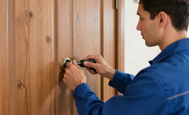 Close-up of a skilled door technician wearing a professional deep blue work shirt while repairing a high-quality solid wood front door in a bright North American home setting, natural lighting, emphasis on professional expertise.