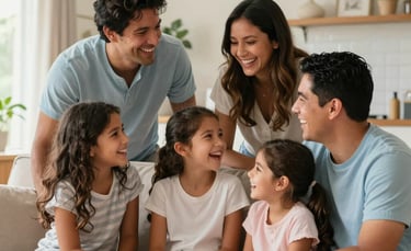 A happy North American / Hispanic family laughing together in a sunlit, modern living room. The composition is warm and inviting, featuring soft beige and light blue tones. High-quality photography focusing on the emotional connection and security of the family unit.