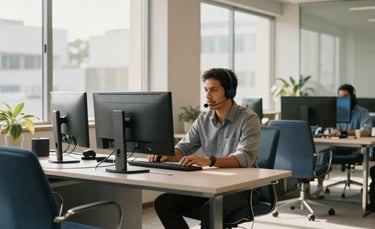 A wide-angle interior shot of a contemporary South American office in Brazil. A professional in business casual attire with a headset is speaking calmly into a microphone, looking at a dual-monitor setup. Soft sunlight filters through large windows. The scene includes furniture in steel blue and off-white tones.